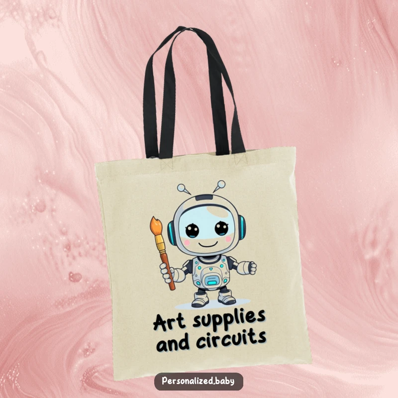 Funny tote bag featuring a happy, buzzing AI robot character holding a paintbrush, perfect for carrying art supplies.