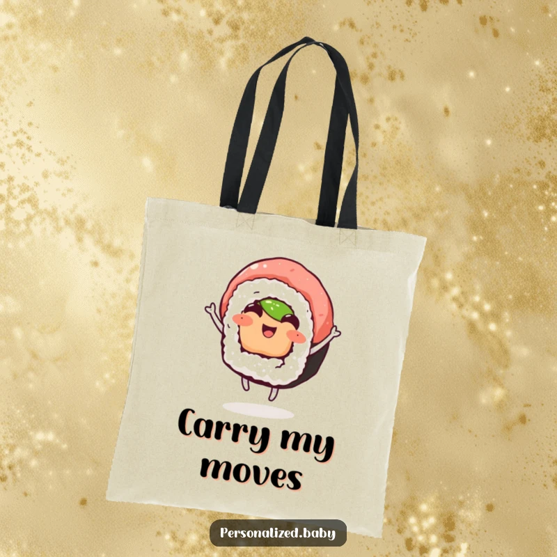 Funny tote bag showcasing a happy sushi roll dancing joyfully, perfect for carrying essentials with a humorous touch, ultimate funny gift.