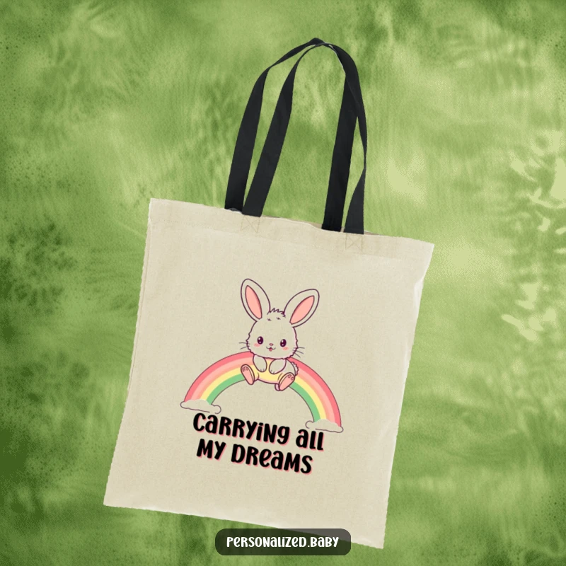Funny tote bag with a fluffy bunny sporting large ears, happily hopping over a bright, curved rainbow.