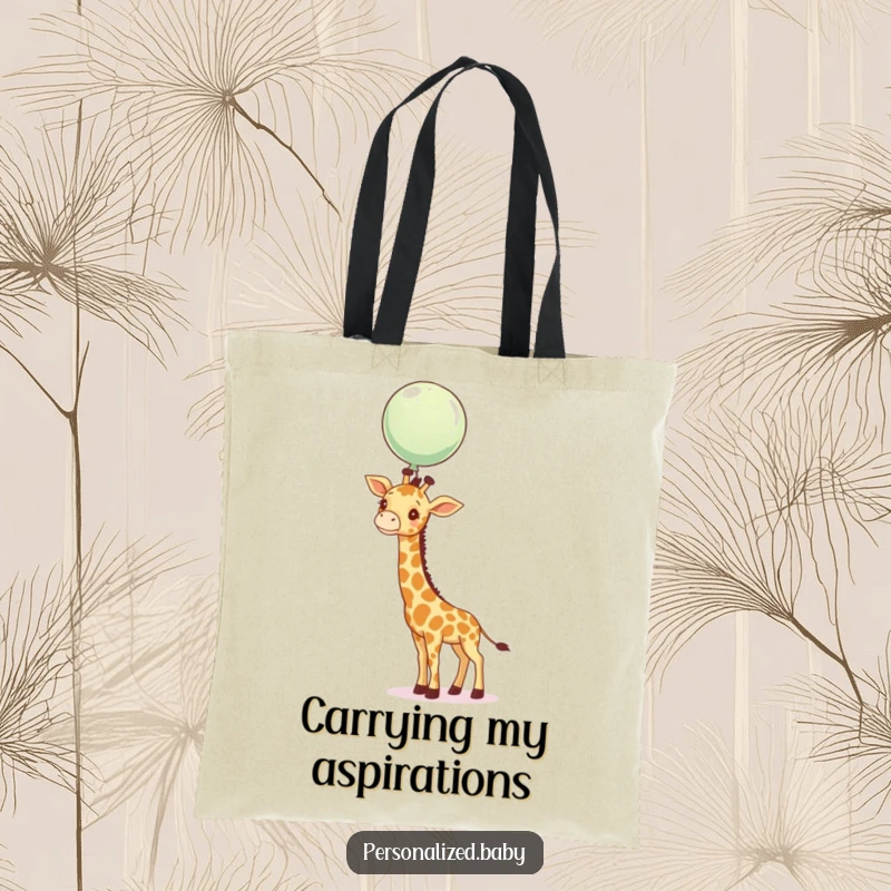 Funny giraffe calf stretching its neck to reach a floating balloon on a whimsical tote bag.