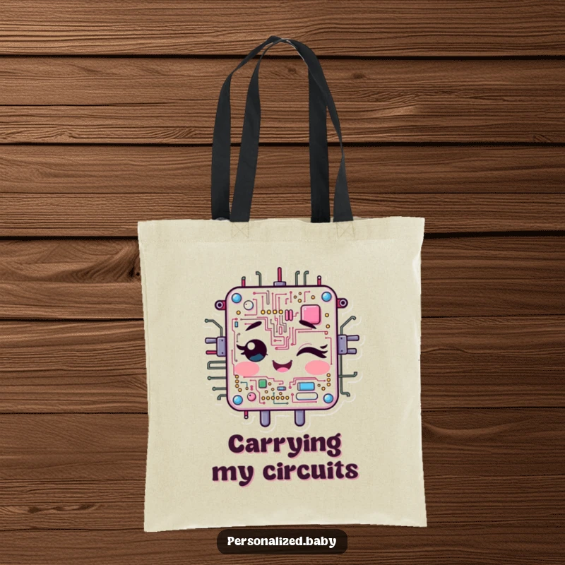 Funny Tote Bag: Cheerful, animated circuit board character winks playfully. A practical and funny gift.