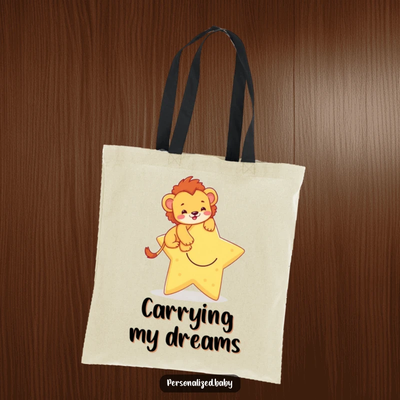 Funny tote bag with a brave lion cub climbing a giant, smiling star, symbolizing ambition and the journey of dreams.