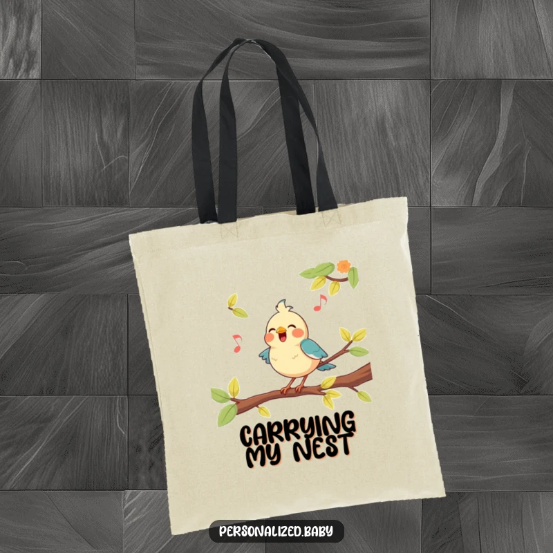 Funny, happy bird character perched on a branch, singing a tune, on this stylish and functional tote bag.