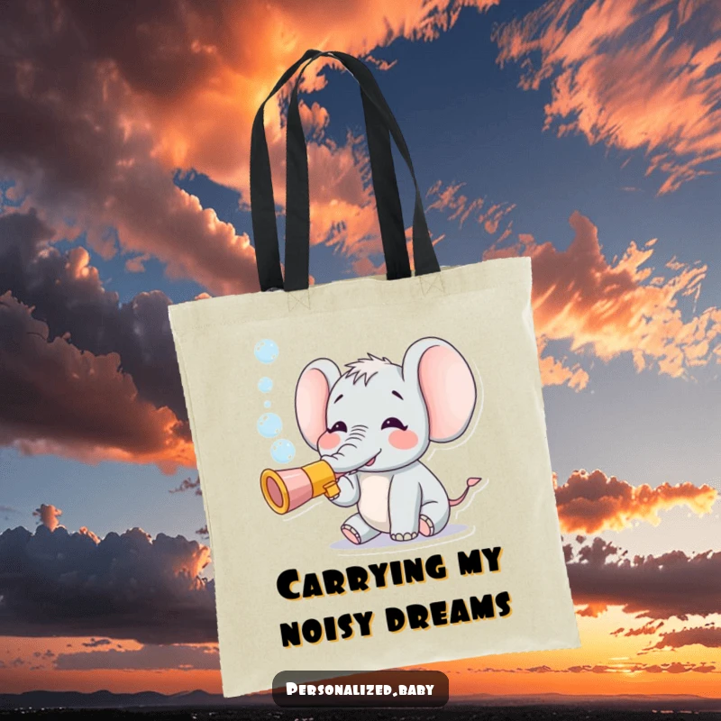 Funny tote bag with a minuscule, gleeful elephant character playing a toy trumpet and releasing a cascade of bubbles, bringing smiles.