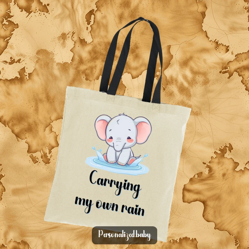 Funny baby elephant splashing happily in a puddle on a tote bag, bringing joyful vibes.