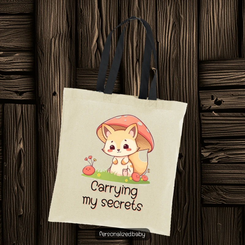 Funny Tote Bag: Mischievous fox kit peeking from behind a giant mushroom, perfect for carrying essentials and hidden treasures.
