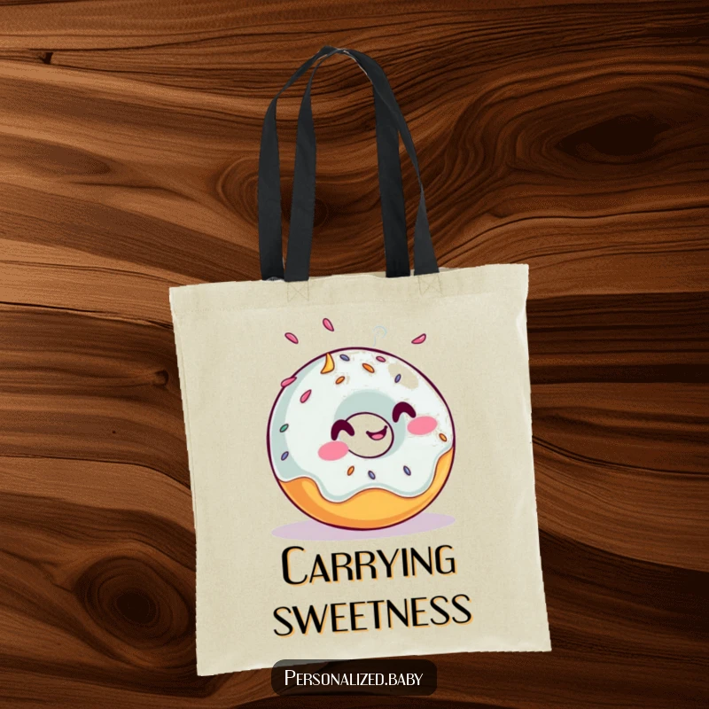 Funny tote bag showcasing a giggling, rolling donut with sprinkles flying, perfect for carrying essentials with a humorous touch, ultimate funny gift.