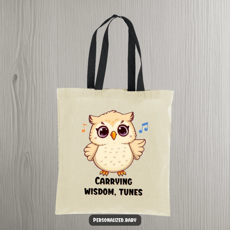 Funny Owl Melody Tote Bag showcasing a surprised owl character tilting its head back to hoot a tune, perfect for carrying necessities with charm.