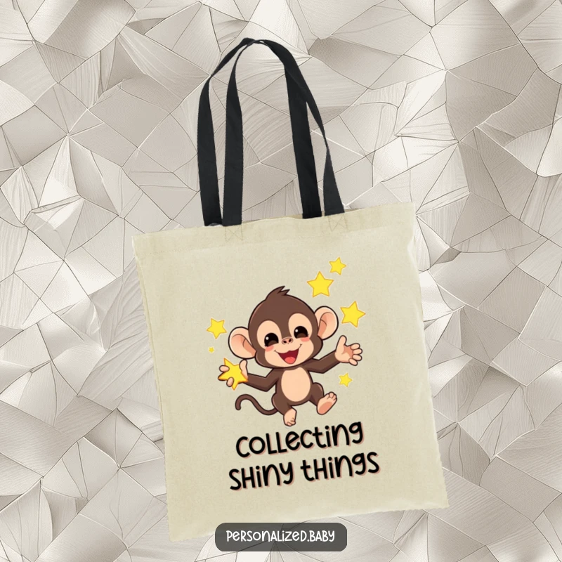 Funny tote bag featuring a mischievous monkey juggling bright, glowing stars, a humorous and practical accessory for celestial fans.