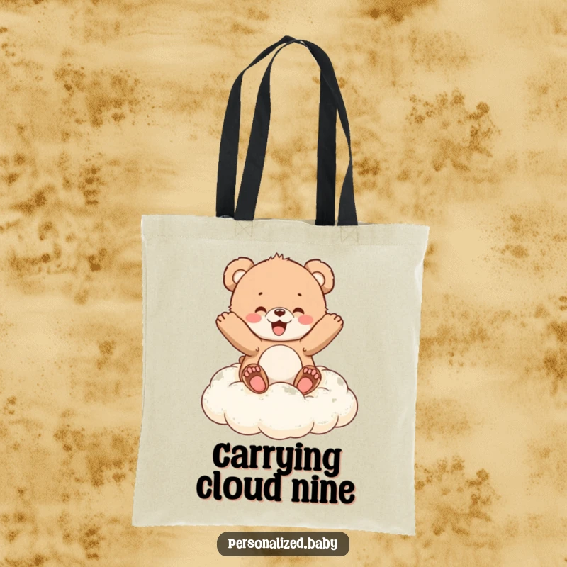 Funny Tote Bag: A fluffy bear cub bounces gleefully on a cloud cushion, perfect for carrying smiles and essentials.