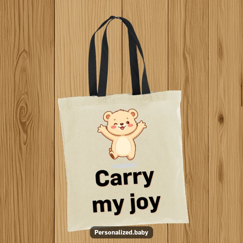 Funny Tote Bag: A fluffy bear cub jumping with open arms, ideal for carrying items and spreading doses of furry happiness.