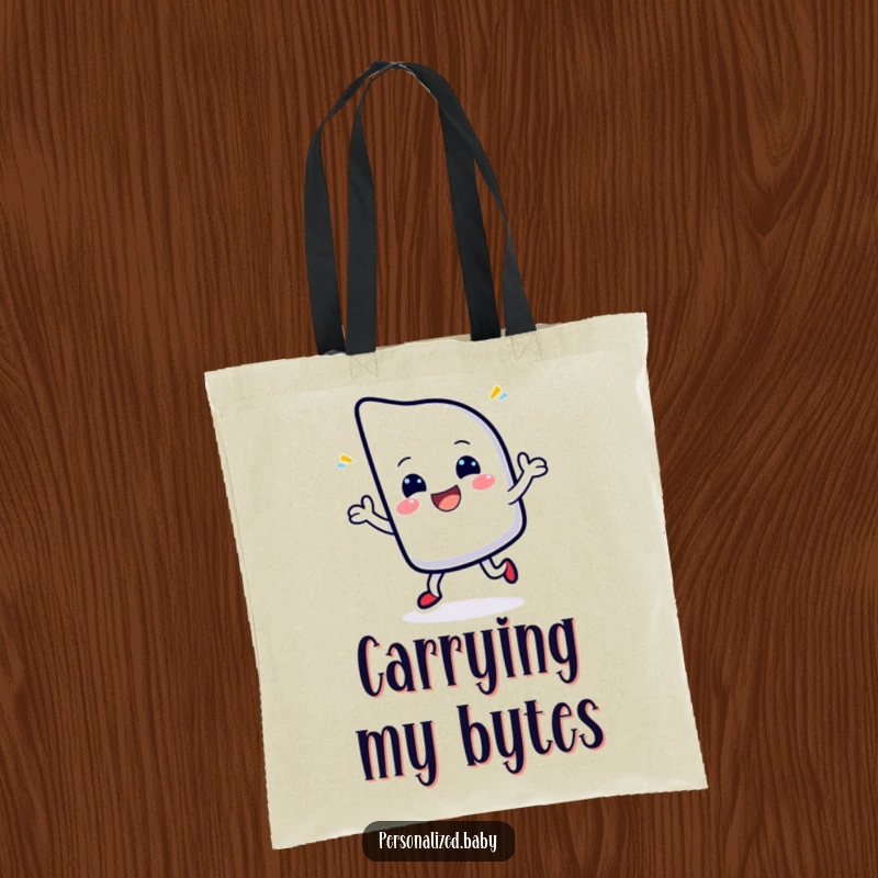 Funny tote bag featuring a cheerful, blinking cursor character dancing with delight, perfect for carrying laptops and essentials.
