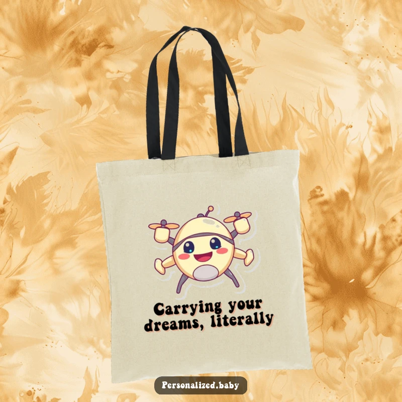 Funny drone tote bag, showcasing a happy, buzzing character with a cheerful grin, ideal for daily use.
