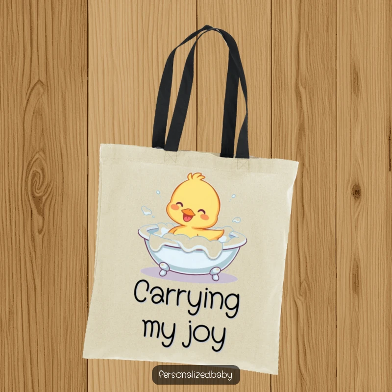 Funny Tote Bag featuring a happy duckling happily splashing in a foam-filled bathtub, a cheerful and practical accessory.
