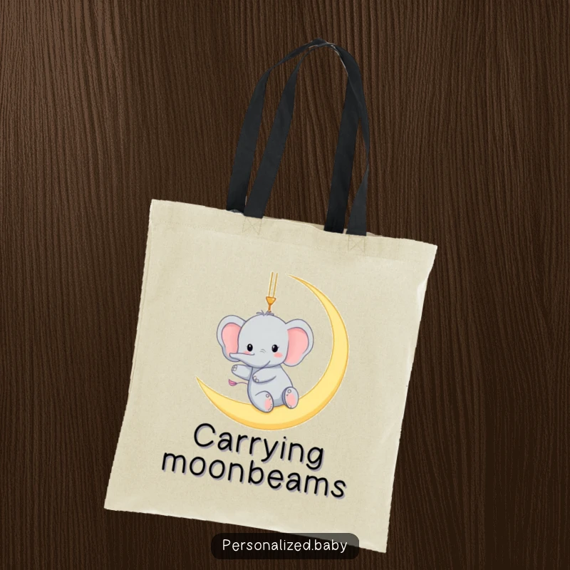 Funny tote bag featuring a tiny elephant gleefully swinging from a crescent moon, a humorous and stylish accessory for lunar lovers.
