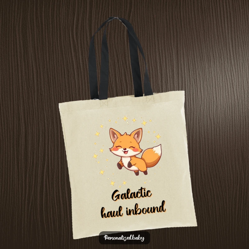 Funny Tote Bag showcasing a smiling fox joyfully leaping through twinkling constellations, perfect for carrying treasures.
