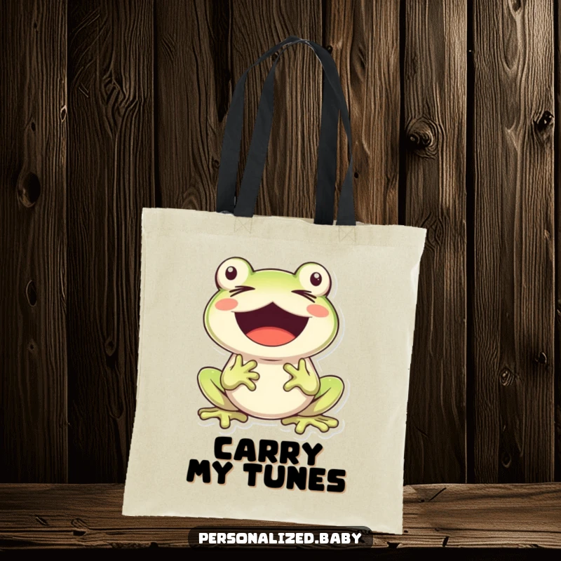 Funny, cheerful frog character singing with eyes closed and mouth wide open, on this stylish and functional tote bag.