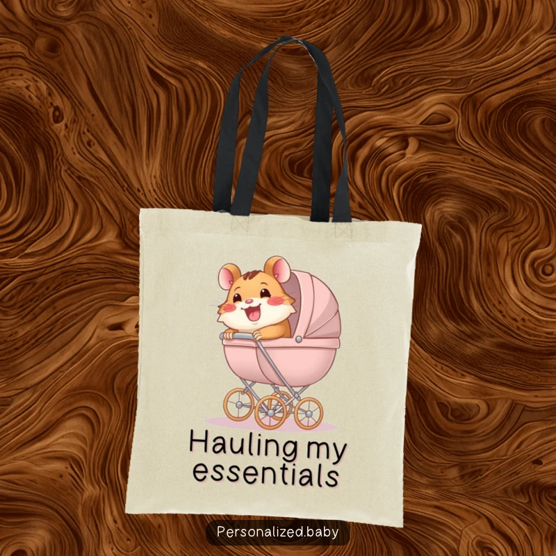 Funny Tote Bag featuring a happy hamster pushing an oversized baby carriage, a practical and humorous accessory for busy lives.