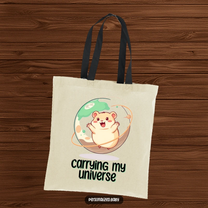 Funny tote bag featuring a happy hamster running on a spinning planet, practical and bursting with cosmic energy.