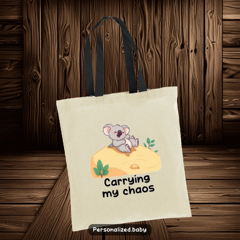 Funny Tote Bag: Giggling koala bear joyfully tumbles down a smooth hillside, perfect for carrying essentials and boundless cheer.