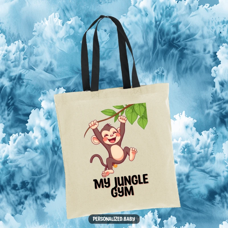 Funny baby monkey tote bag, swinging from a vine, laughing unrestrainedly, a perfect bag for jungle adventures.