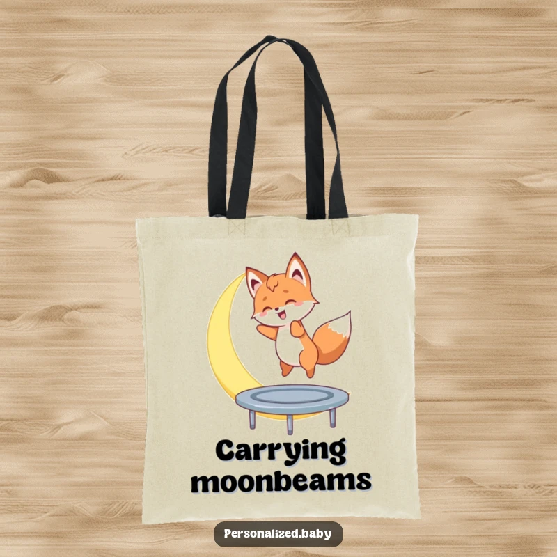 Funny tote bag with a fox cub bouncing on a crescent moon, a humorous and practical accessory for carrying items.