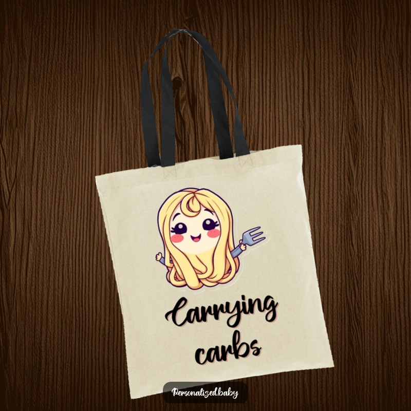 Funny Tote Bag: Smiling wiggling spaghetti noodle character with a fork, symbolizing playful appetite and pasta obsession, a functional funny gift.