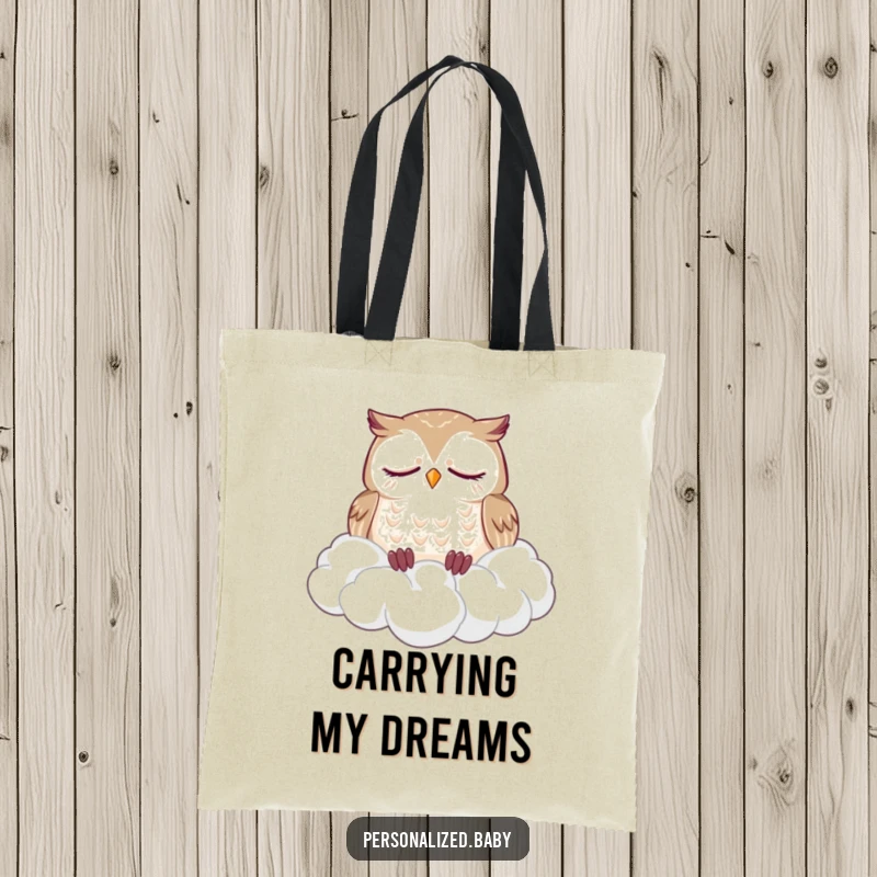 Funny tote bag featuring a sleepy owl dozing soundly on a fluffy pile of clouds, a humorous and practical accessory.