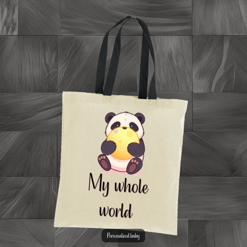 Funny tote bag with a sweet panda bear hugging a glowing, round planet, promoting environmental care and cute panda appreciation.