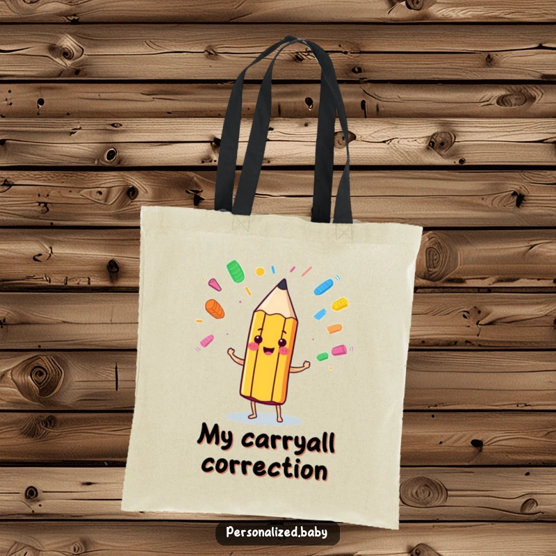 Funny anthropomorphic pencil character juggling colorful eraser marks, printed on a durable tote bag for art supplies.