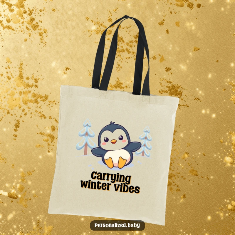 Funny penguin chick sliding down a snowy slope on its belly on a tote bag, bringing winter fun.