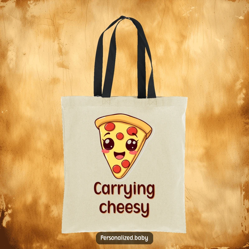Funny tote bag showcasing a smiling, bouncy pizza slice with pepperoni eyes, perfect for carrying essentials with a humorous touch, ultimate funny gift.