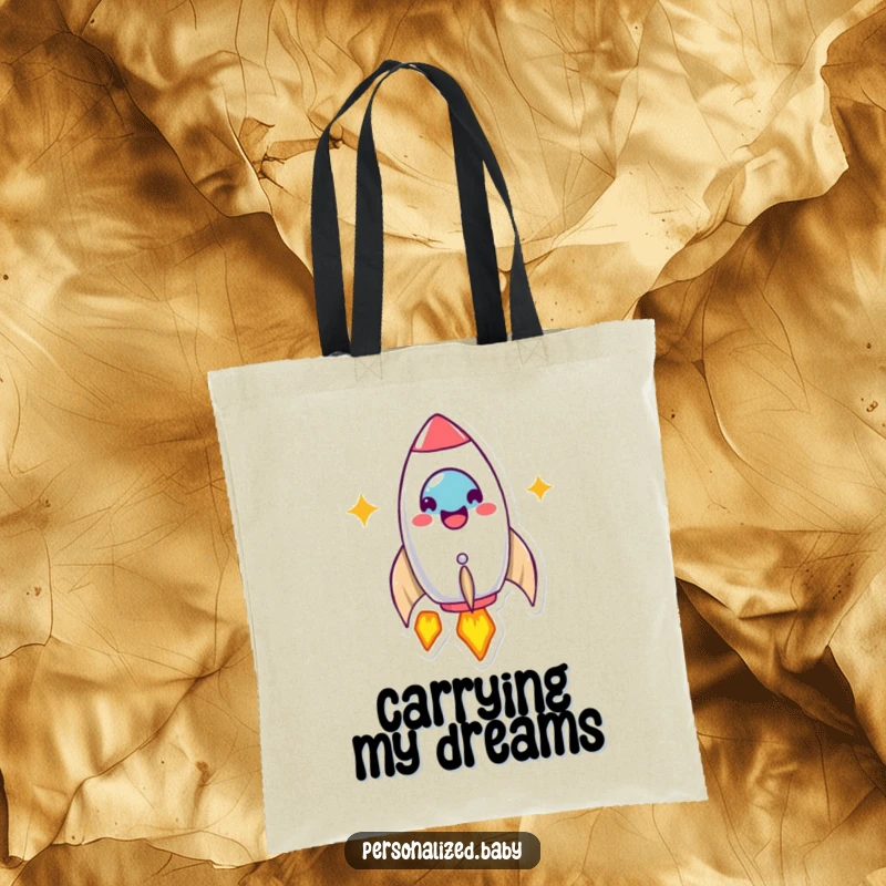 Funny Tote Bag: Beaming rocket ship character launches with a happy expression, ready for exploration. A fun funny gift.