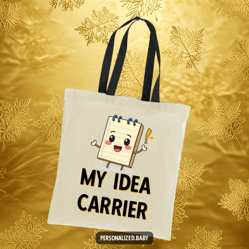 Playful, rolling notepad character with a bouncing exclamation mark, printed on a durable tote bag for carrying ideas.