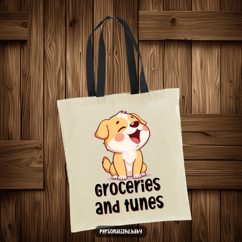 Funny Singing Dog Tote Bag showcasing a giggling dog character tilting its head back to sing, perfect for carrying essentials with musical flair.