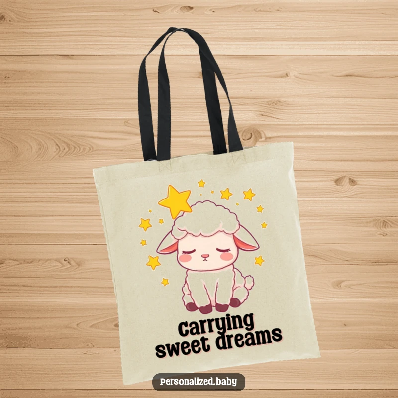 Funny Tote Bag: Sleepy lamb peacefully dreaming with swirling stars around its head, perfect for carrying essentials and calm.