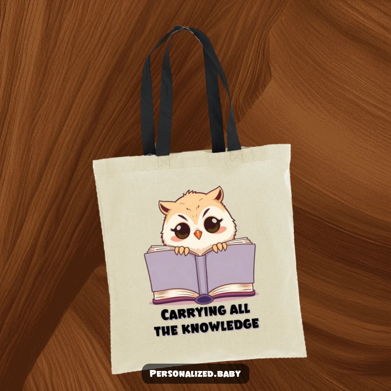 Funny owl chick tote bag, cute bird peeking from a book, practical and humorous accessory for carrying books.