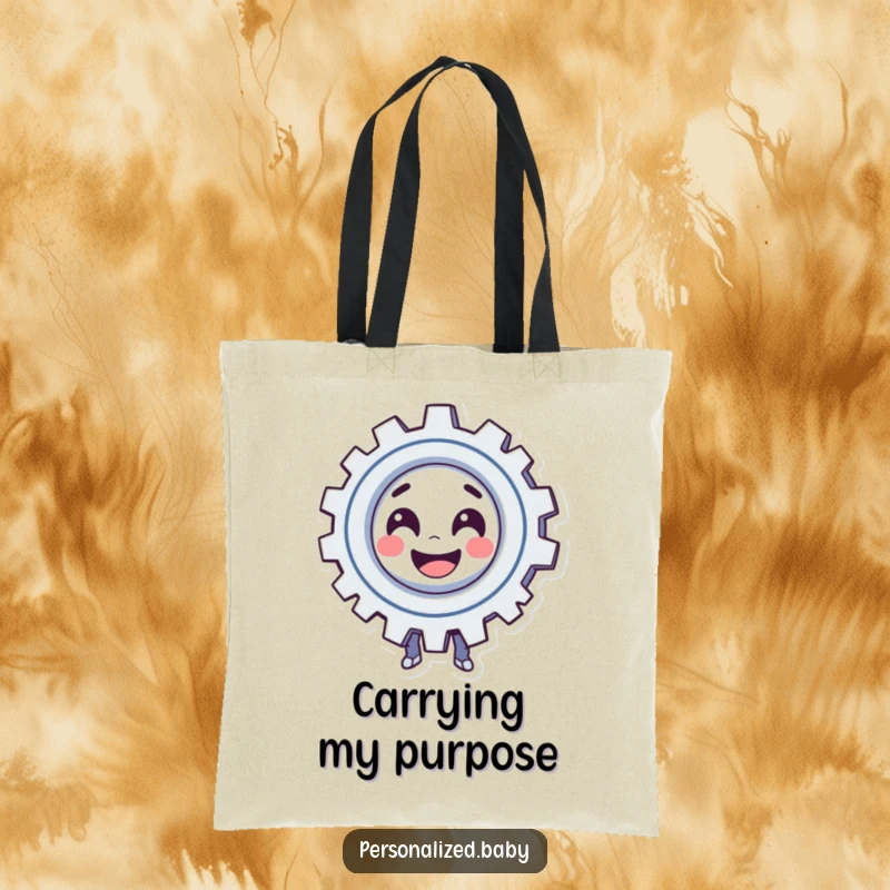 Funny Tote Bag: Smiling, spinning gear character exudes playful automation. A practical and funny gift.