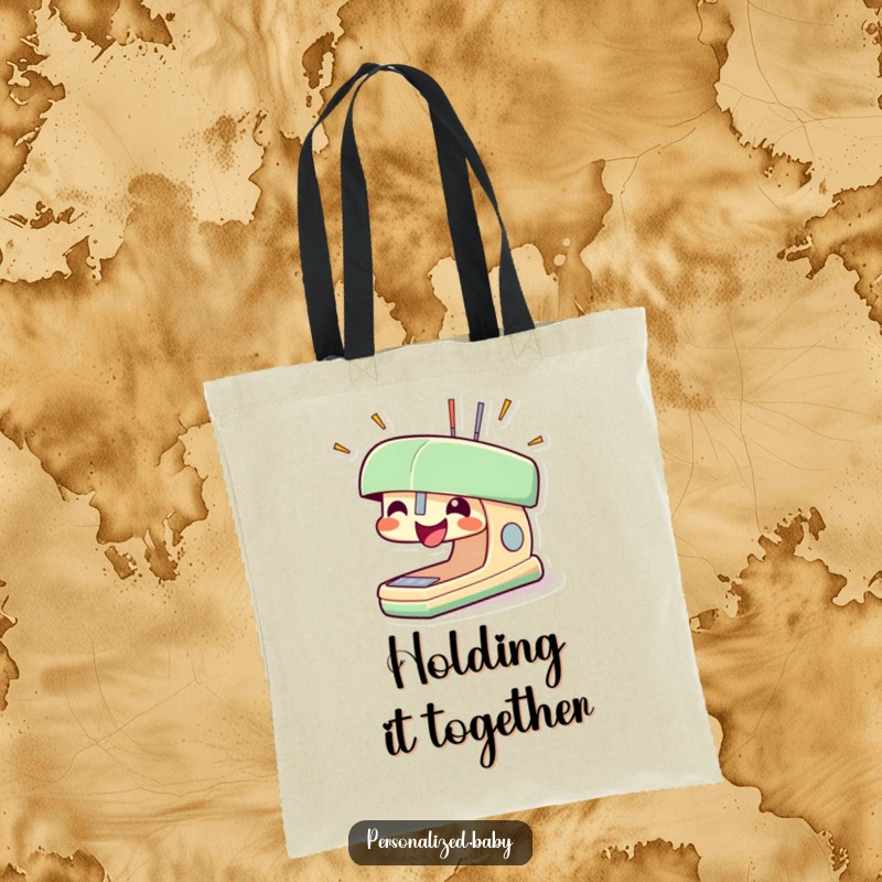 Funny stapler tote bag showcasing a smiling stapler character with staples popping out in excitement, great for daily use.