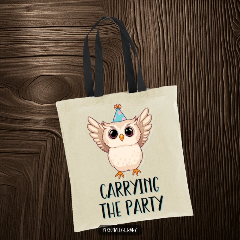 Funny tote bag with a baby owl in a party hat swooping, a humorous and practical accessory for carrying items.