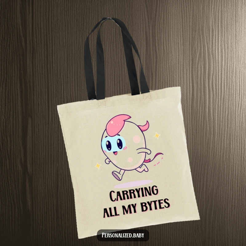 Funny tote bag depicting a playful, zooming code character creating a sparkly trail, symbolizing efficient data transfer.