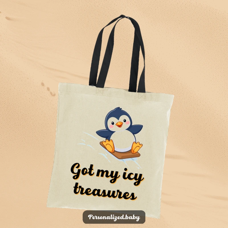 Funny tote bag featuring a smiling penguin sliding gleefully down a starry, icy slope, showcasing holiday cheer and arctic whimsy.