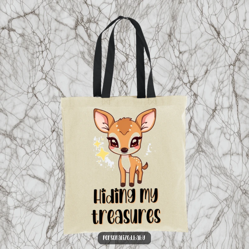 Funny tote bag with a shy deer fawn peeking from behind a twinkling star, durable and stylish for everyday use.