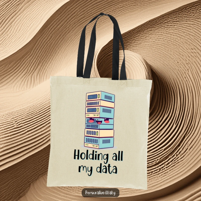 Funny tote bag with a giggling, wobbly stack of data blocks, perfect for carrying tech essentials and smiles.