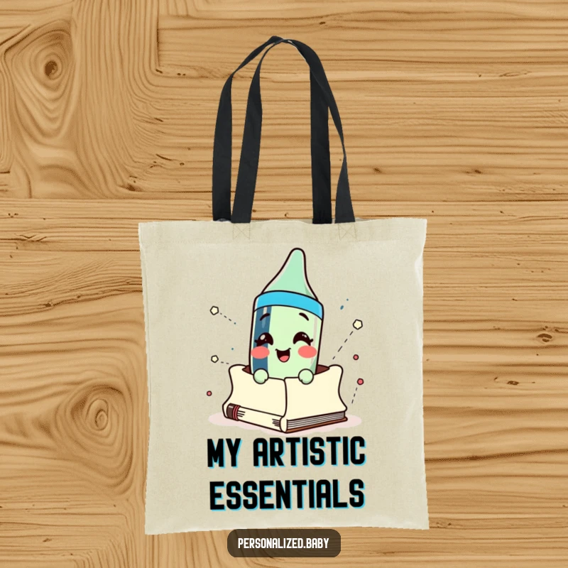 Funny crayon character bursting energetically out of a sketchbook, printed on a durable tote bag for artists and creatives.