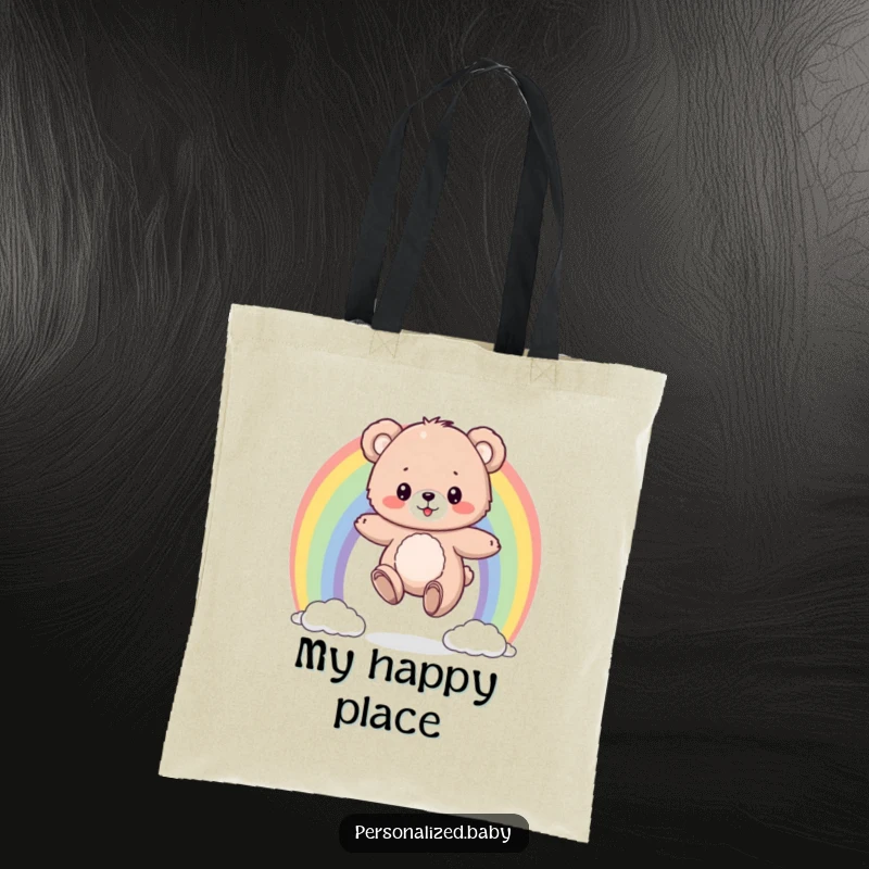 Funny tote bag featuring a fluffy bear cub bouncing on a colorful rainbow, perfect for carrying essentials with joyful flair.