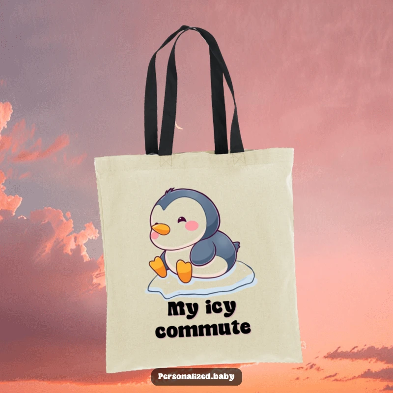 Funny chubby baby penguin tote bag, sliding belly-first down a snowy hill, a cute and functional accessory.