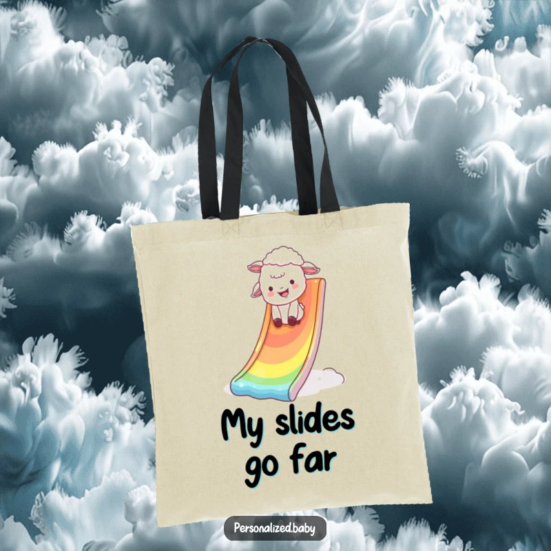 Funny Tote Bag with a giggling lamb tumbling down a shimmering rainbow slide, symbolizing pure joy and carefree fun.