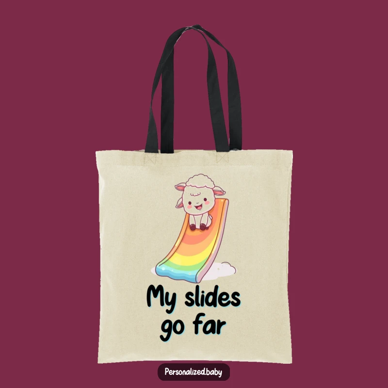 Funny Rainbow Adventure Tote Bag: Lamb on slide, a practical and funny gift.