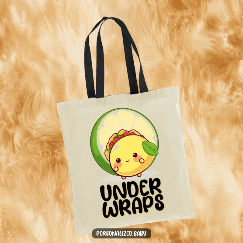 Funny tote bag showcasing a shy taco character blushing behind a giant lime, a cute and humorous accessory, perfect funny gift.